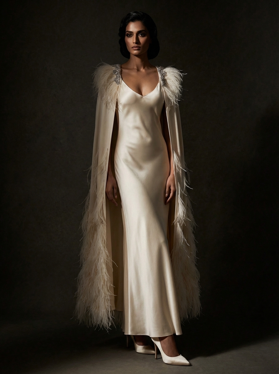 AI couture photography — ostrich cape gown editorial by Aarla Nextech