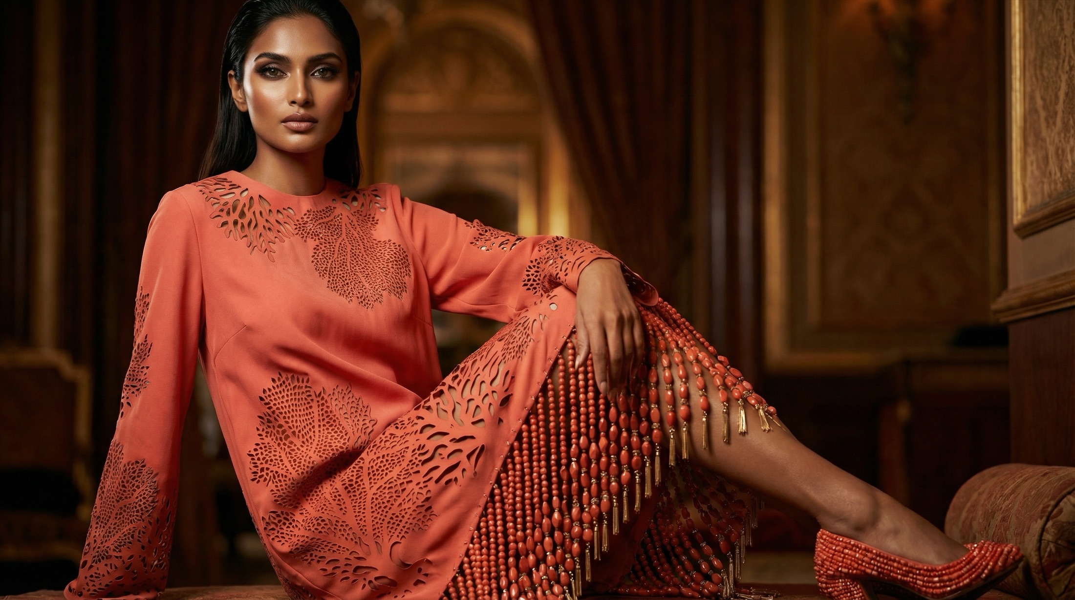 AI fashion editorial India — coral filigree tunic palace editorial