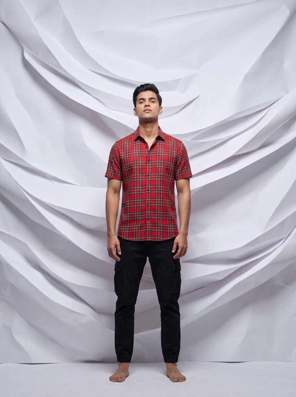 AI menswear concept campaign India — checked shirt editorial by Aarla Nextech