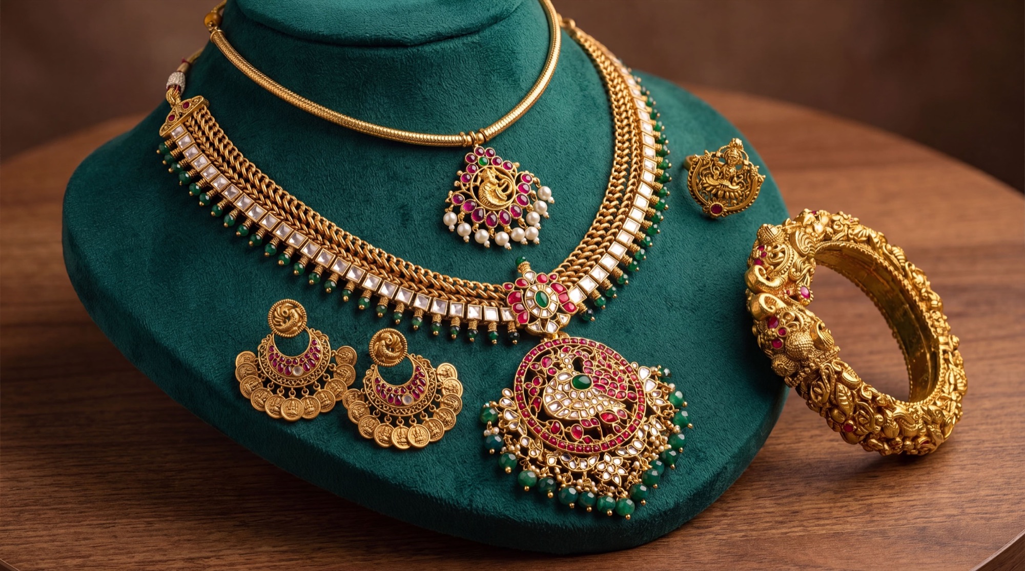 AI jewellery photography: a gold temple-jewellery set on a green velvet bust, with a peacock pendant set with red and white stones, green bead drops, chandbali earrings and a carved gold bangle, on a wooden table.
