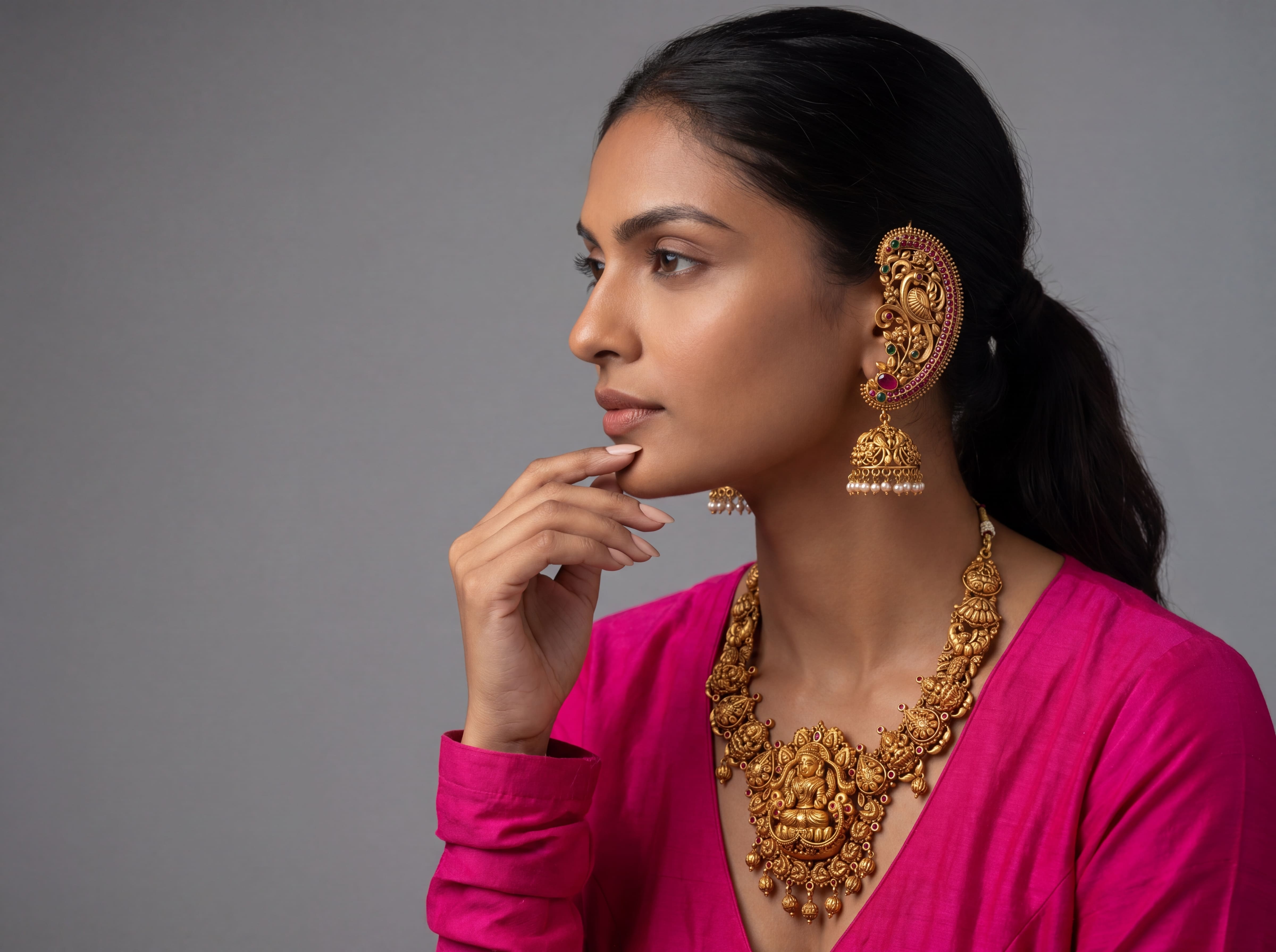 Model wearing the jewellery set with a serene expression