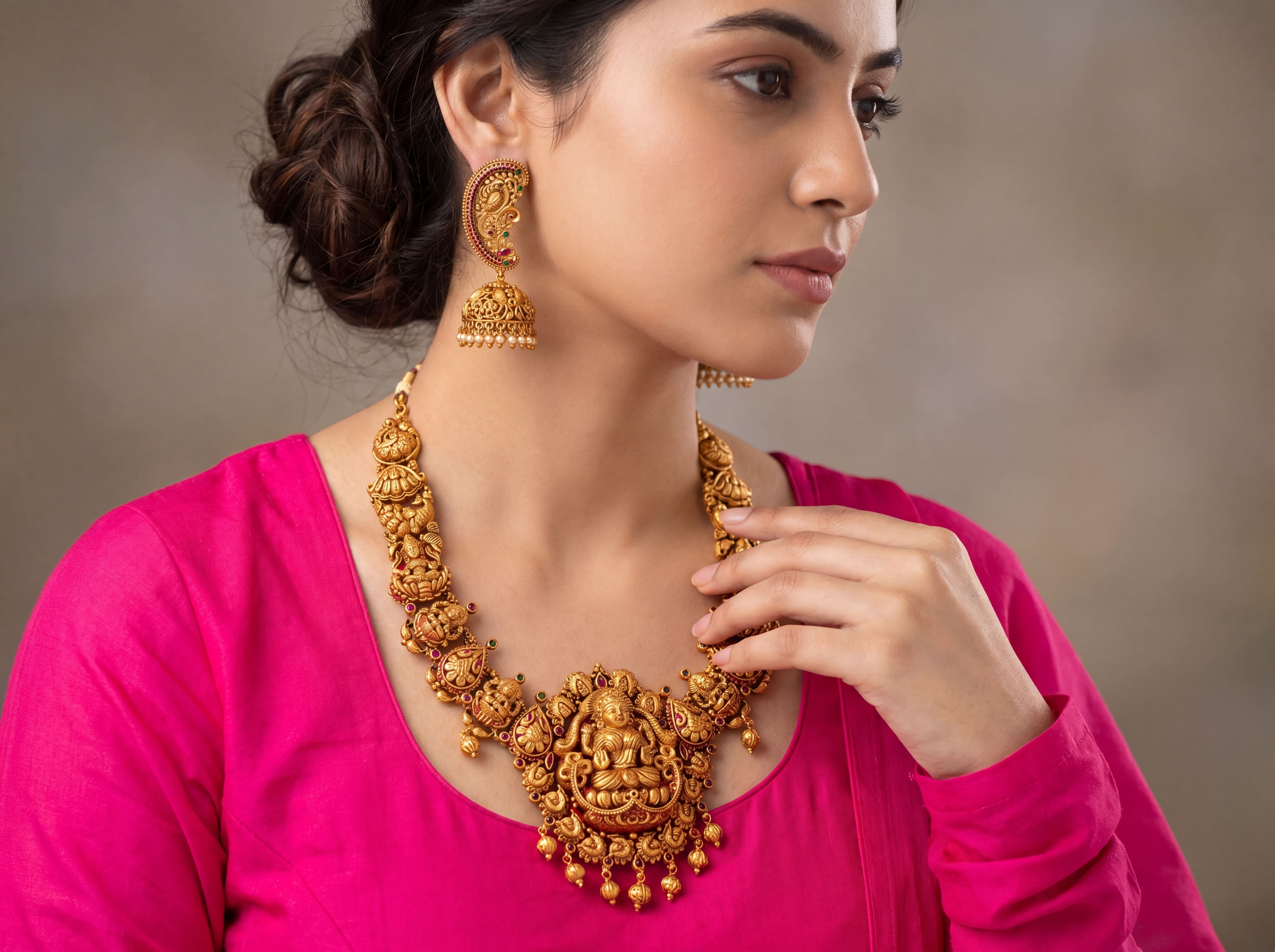 Model wearing the jewellery set with an editorial expression