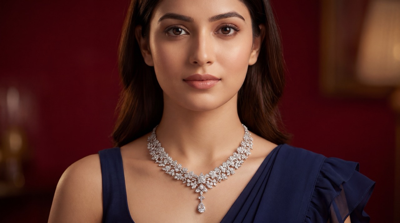 Close-up framing of the diamond necklace
